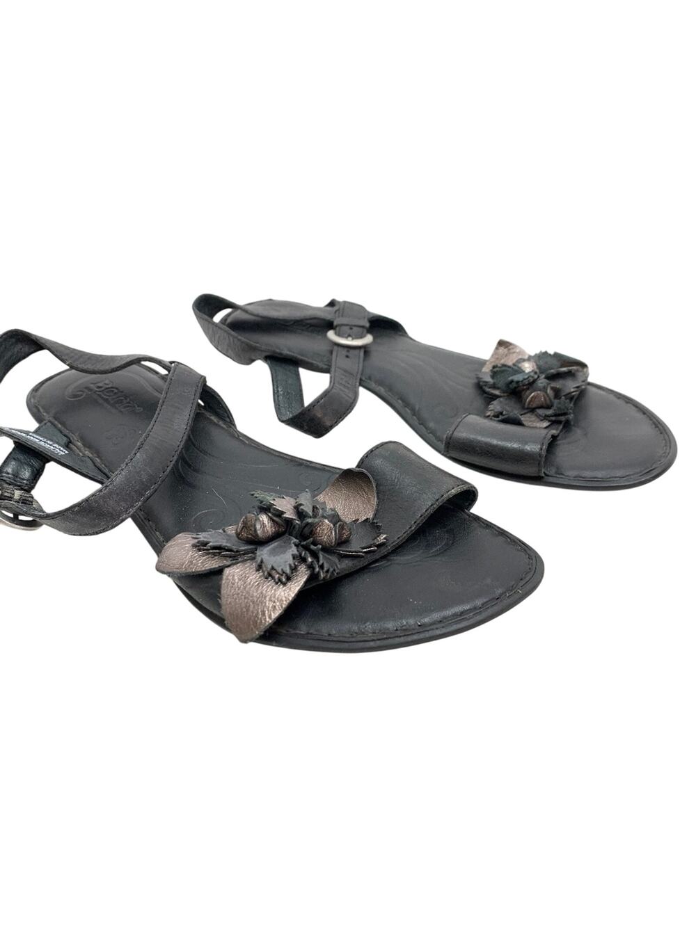 Born Black Genuine Leather Ankle Strap Sandals Womens Flats Shoes 3D Flowers 8